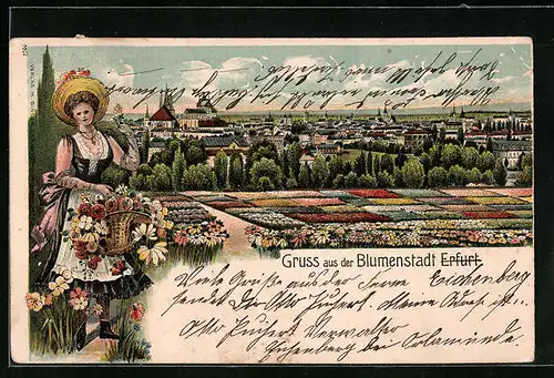 Lithographie Erfurt, Panorama mit Blumenfeldern