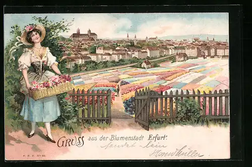 Lithographie Erfurt, Blumenmädchen und Blumenfelder vor Stadtansicht