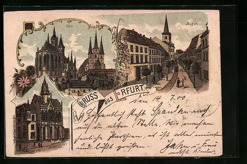 Lithographie Erfurt, Dom, Anger, Rathhaus