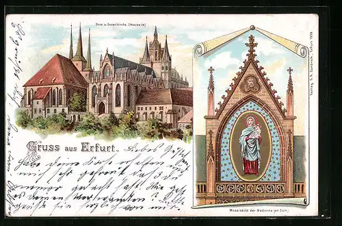 Lithographie Erfurt, Dom und Severikirche (Westseite), Mosaikbild der Madonna (am Dom)