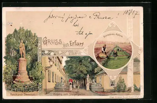 Lithographie Erfurt, Reichardt-Denkmal, Brunnenkress-Kulturen, Eingang zum Steigergarten