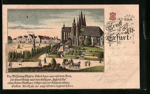 Lithographie Erfurt, Wilhelmsplatz im Jahr 1800 mit Dom und Gasthaus Hohe Lilie