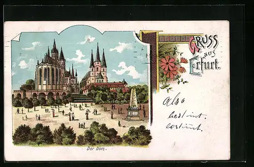 Lithographie Erfurt, Der Dom, Blumenschmuck