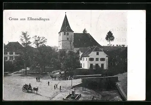 AK Ellmendingen, Ortspartie mit Kirche und Pferdewägen, Neujahrsgruss