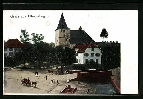 AK Ellmendingen, Ortspartie mit Kirche und Pferdewägen