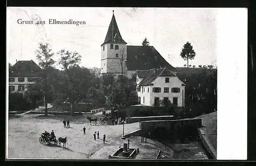 AK Ellmendingen, Ortspartie mit Kirche und Pferdewägen, Neujahrsgruss