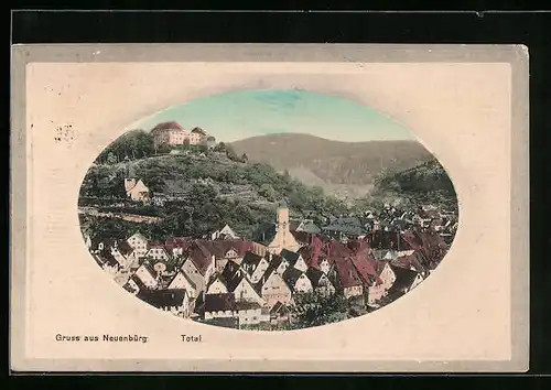 Präge-AK Neuenbürg, Totalansicht im Passepartoutrahmen