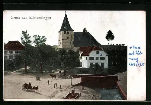 AK Ellmendingen, Ortspartie mit Kirche und Pferdewägen