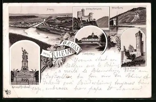 Lithographie Bingen /Rhein, Schloss Rheinstein, Mäuseturm, Ruine Ehrenfels