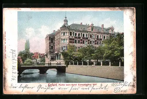 AK Erfurt, Partie beim Hotel Europäischer Hof mit Brücke