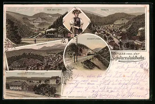 Lithographie Triberg, Teilansicht, Beim Bach-Jörg mit Schwarzwaldbahn, Kaisertunnel