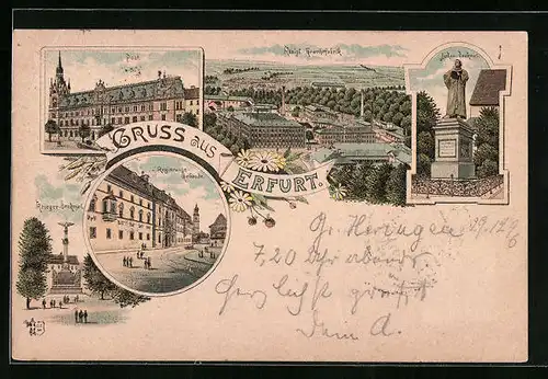 Lithographie Erfurt, Königliche Gewehrfabrik, Regierungs-Gebäude, Luther-Denkmal