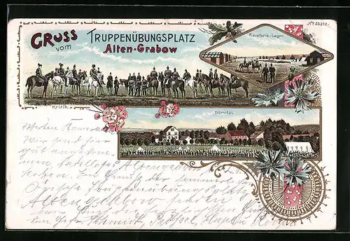Lithographie Alten-Grabow, Truppenübungsplatz, Soldaten bei der Kritik, Kavallerie-Lager, Dörnitz