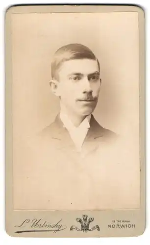 Fotografie L. Urbinsky, Norwich, 19, The Walk, Elegant gekleideter Herr mit Oberlippenbart