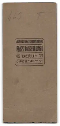 Fotografie F. Stein, Berlin, Chausseestr. 70 /71, kleines Kind im Kleidchen mit Spielzuegpferd und Peitsche