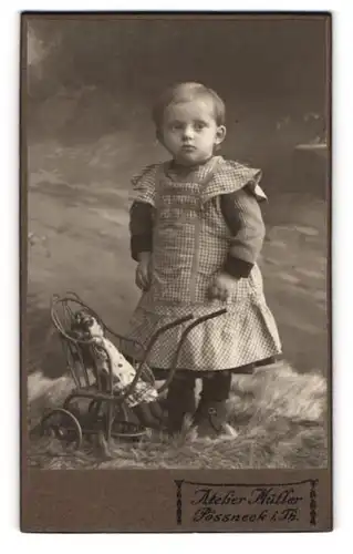Fotografie Atelier Müller, Pössneck i. Th., kleines Mädchen im karierten Kleidchen und Puppe im Puppenwagen