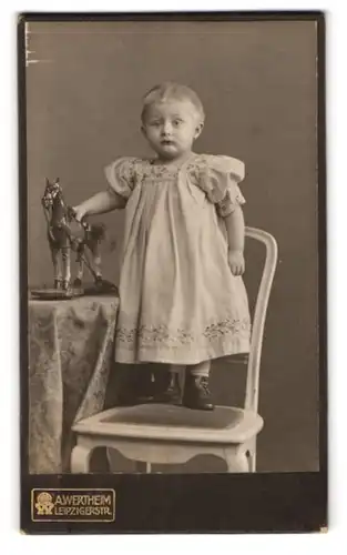 Fotografie A. Wertheim, Berlin, Leipzigerstr., Portrait kleines Mädchen im Kleidchen mit Spielzuegpferd