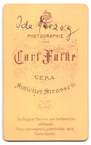 Fotografie Carl Falke, Gera, Schleizerstr. 16, betagte Dame Ida Herzog im Biedermeierkleid