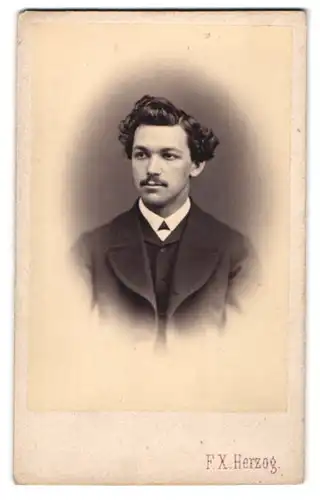 Fotografie F. X. Herzog, Lörrach, Portrait junger Mann mit Schnauzbart im Anzug