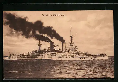 AK Kriegsschiff SMS Zähringen gibt Volldampf