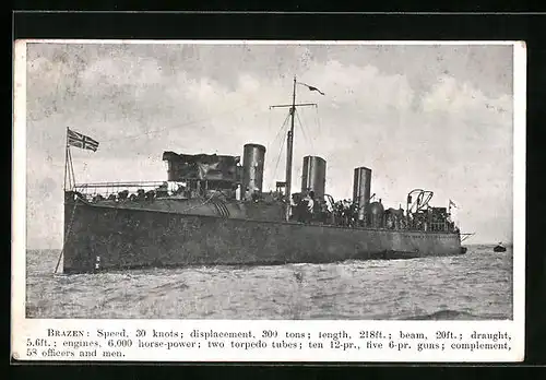 AK Britisches Kriegsschiff HMS Brazen vor Anker liegend