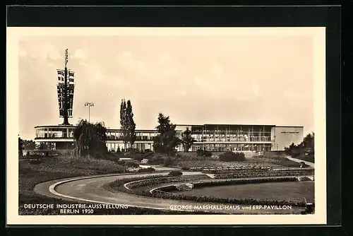 AK Berlin, Deutsche Industrie-Ausstellung, 1950, George Marshall-Haus und Erp-Pavillon