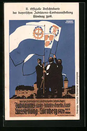 AK Nürnberg, Bayerische Jubiläums-Landesausstellung, 1906, Männer mit Fahnen zum Jubiläum der Landesausstellung