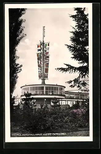 AK Berlin, Deutsche Industrie-Ausstellung, 1950, George Marshall-Haus und Erp-Pavillon