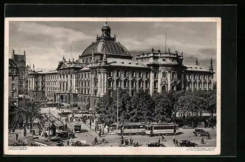 AK München, Justizpalast mit Strassenbahnen aus der Vogelschau