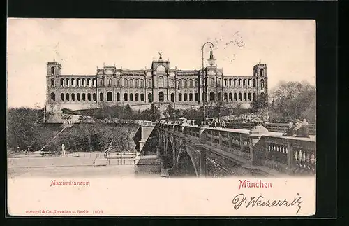 AK München, Maximilianeum hinter Brücke