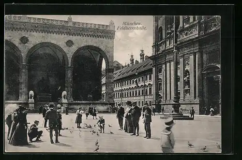 AK München, Feldherrnhalle mit Tauben fütternden Passanten