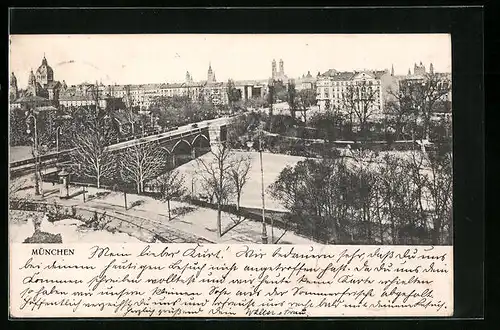 AK München, Teilansicht mit Brücke