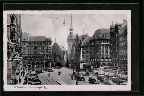 AK München, Marienplatz mit Autoverkehr und Strassenbahn