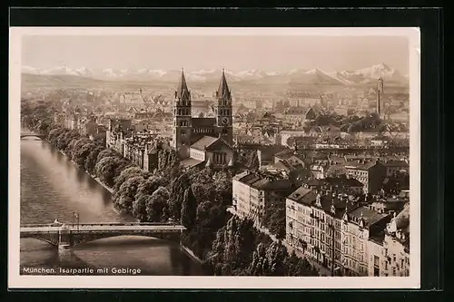 AK München, Isarpartie mit Gebirge