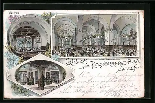 Lithographie München, Gasthaus Pschorrbräu-Bier-Hallen, Innenansichten