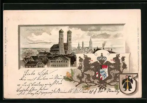 Passepartout-Lithographie München, Teilansicht mit Frauenkirche, Wappen