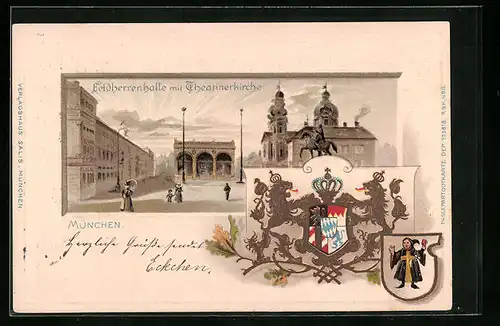 Passepartout-Lithographie München, Feldherrenhalle mit Theateinerkirche, Wappen