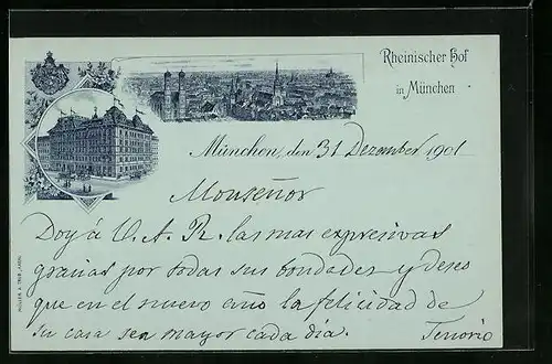 Lithographie München, Hotel Rheinischer Hof, Teilansicht mit Frauenkirche