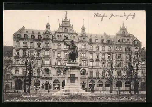AK München, Cajütsbureau des Norddeutschen Lloyd und Hotel Bayer. Hof mit Denkmal, Promenadenplatz 19