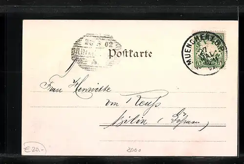 AK München, Höhere Töchterschule mit Litfasssäule und Pferdewagen