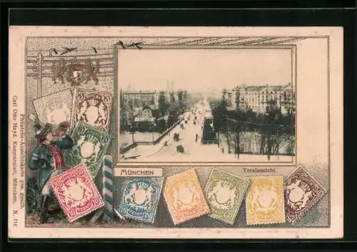 Präge-AK München, Totalansicht mit Strassenpartie, Postbote und Briefmarken von Bayern, Passepartout
