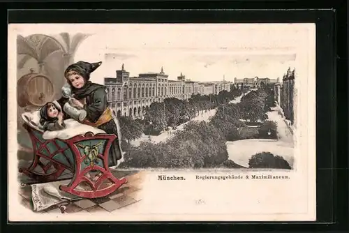 Passepartout-Lithographie München, Regierungsgebäude & Maximilianeum, Münchner Kindl bei Baby an der Wiege