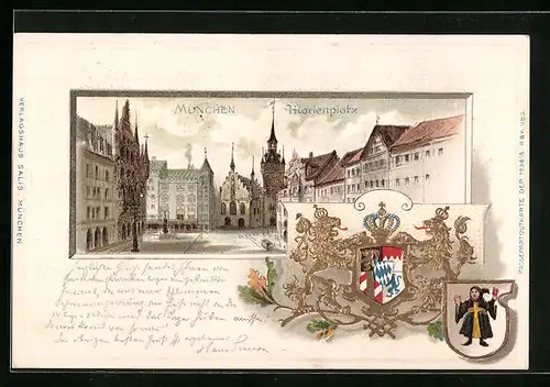 Passepartout-Lithographie München, Marienplatz mit Strassenbahn, Wappen