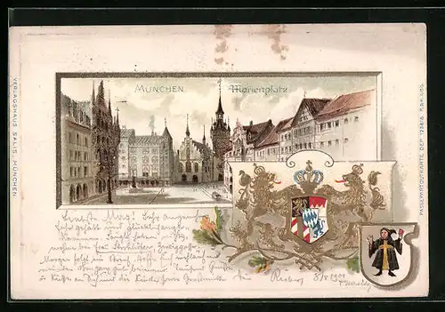 Passepartout-Lithographie München, Marienplatz mit Strassenbahn, Wappen