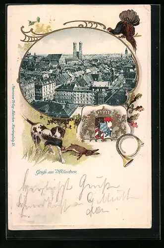 Passepartout-Lithographie München, Teilansicht mit Frauenkirche, Hund mit erlegtem Wild, Wappen