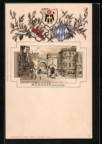 Passepartout-Lithographie München, Karlstor, Wappen
