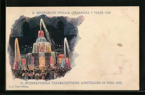 Künstler-AK Prag, II. Internationale Pharmaceutische Ausstellung 1896, Ausstellungshalle und Fontäne bei Nacht