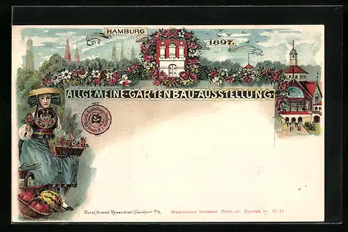 Lithographie Hamburg, Allgemeine Gartenbau-Ausstellung 1897, Frau in Tracht mit Blumen, Gebäudeansicht, Wappen