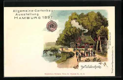 Lithographie Hamburg, Allgemeine Gartenbau-Ausstellung 1897, Gasthaus Zur Waldschenke