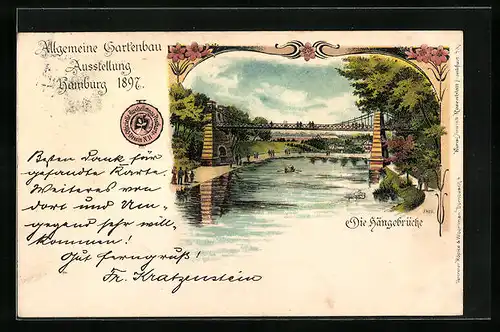 Lithographie Hamburg, Allgemeine Gartenbau-Ausstellung 1897, Die Hängebrücke